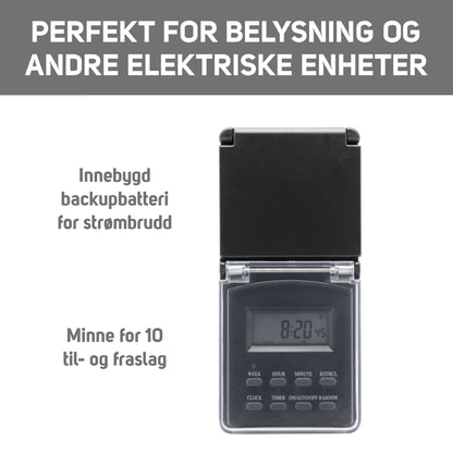 Luxorparts digital timer udendørs 7 dage vejrresistent flip cover display batteribackup hukommelse til 10 indstillinger.