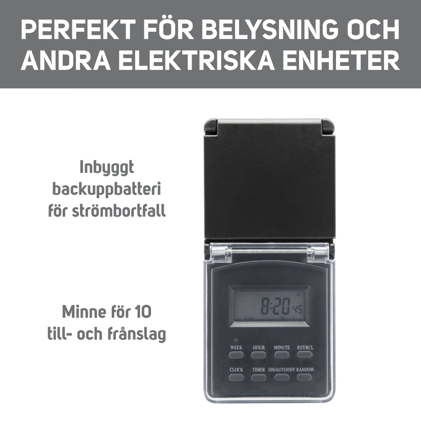 Luxorparts digitale 7-dages udendørs timer med flip cover, backup-batteri og plads til 10 tænd/sluk-programmer.