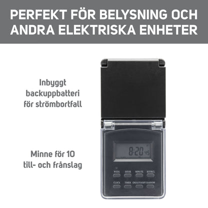 Luxorparts digitale 7-dages udendørs timer med flip cover, backup-batteri og plads til 10 tænd/sluk-programmer.