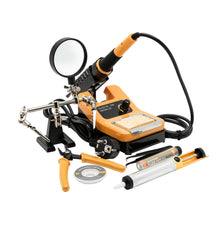 Luxorparts loddestation startpakke 48 W med loddekolbe, stander, lup, alligatorklemmer, tang og sort-gule håndtag.