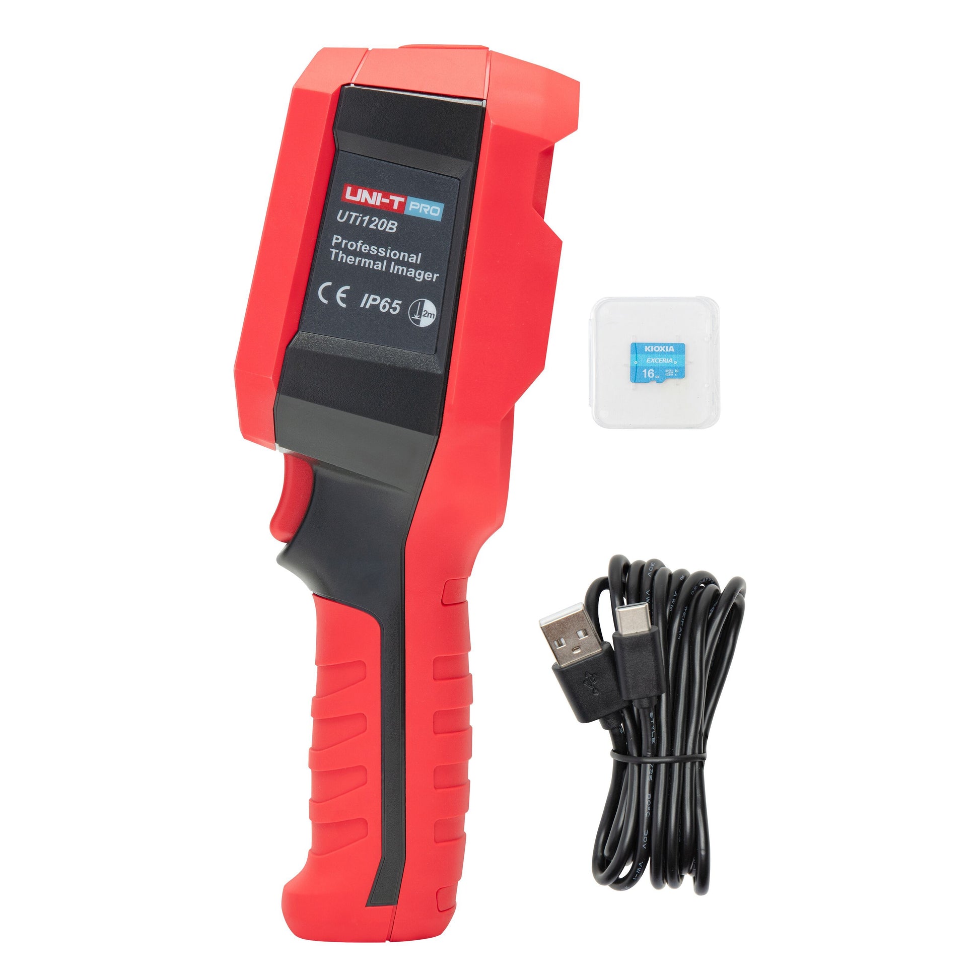 Uni-T UTi120B varmekamera til elsysteminspektion med SD-kort og USB-kabel.