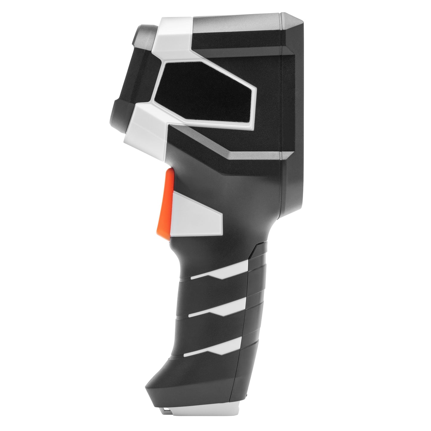 Luxorparts Varmekamera sort/hvid håndholdt med orange trigger og ergonomisk greb, vises i sideprofil.