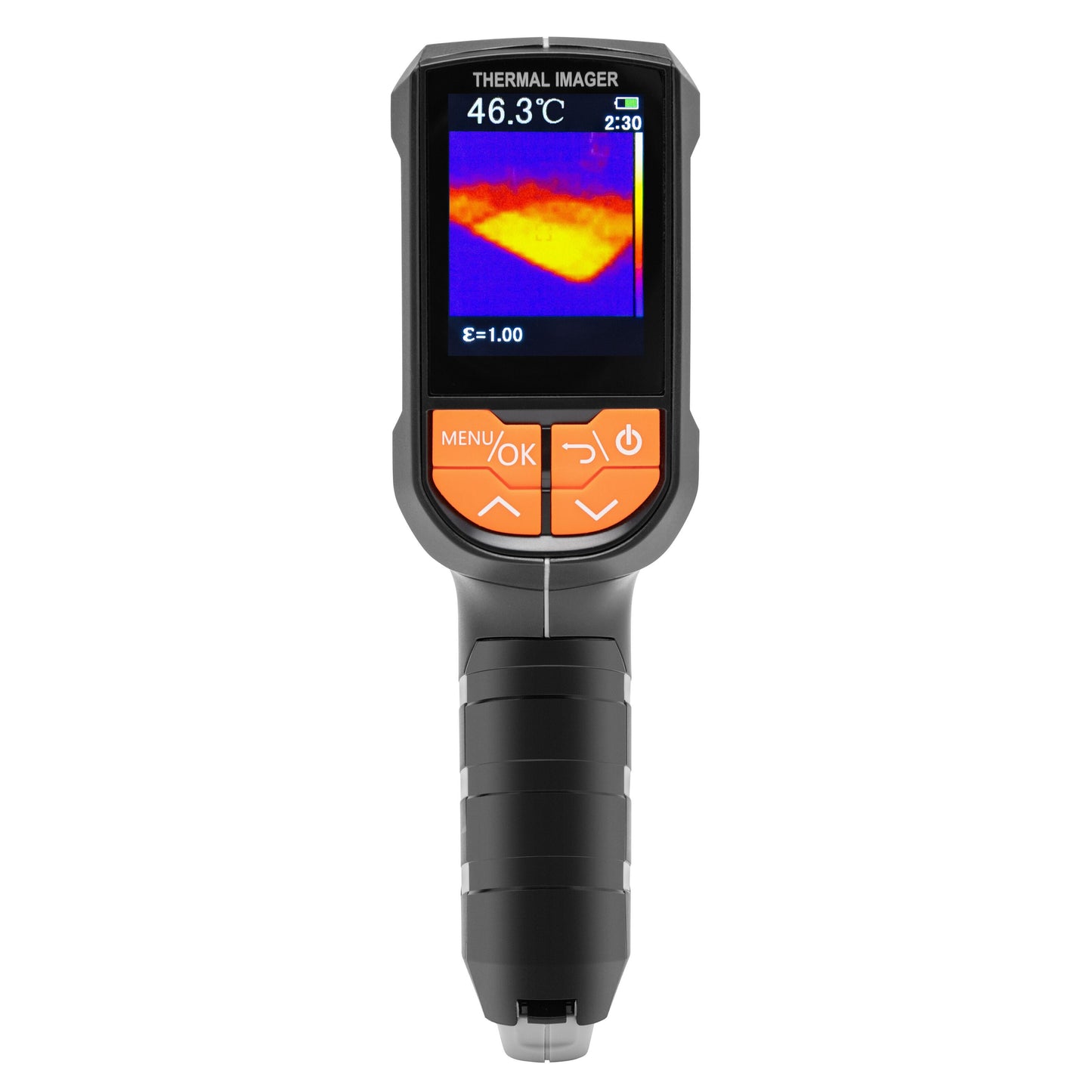 Luxorparts Varmekamera håndholdt med display, varmebillede, 46,3°C aflæsning og orange MENU/OK samt navigationsknapper.