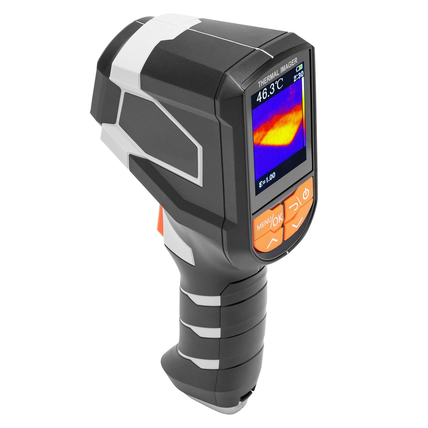 Luxorparts varmekamera, håndholdt, farvedisplay med varmekort og temperatur op til 46,3°C, sort/hvid/orange, tekstureret greb.