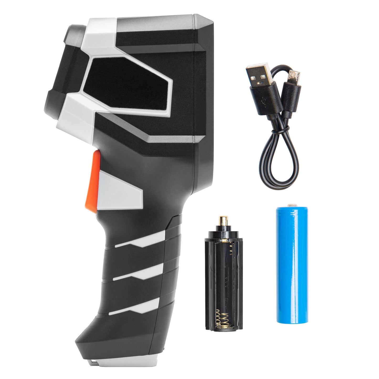 Luxorparts digitalt håndholdt varmekamera, sort/hvid design, orange udløser, USB-kabel, batteriholder, blå genopladeligt batteri.