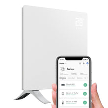 Cleverio Smart Radiator 1000 W hvid, synlig bag smartphone med smart home app.