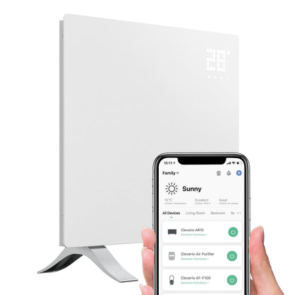 Cleverio Smart Radiator 1000 W hvid, synlig bag smartphone med smart home app.