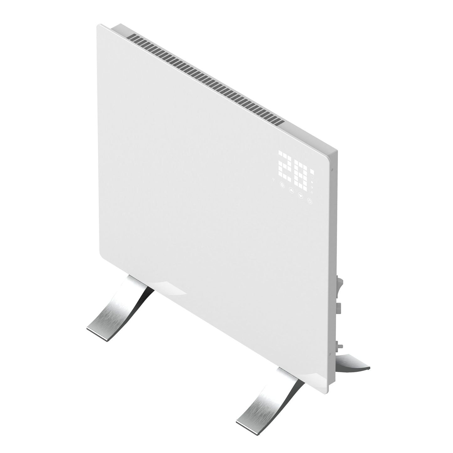 Cleverio Smart Radiator 1000W hvid el-panel med digitalt display, touchknapper, sølvben og topventilation.
