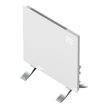 Cleverio Smart Radiator 1000W hvid el-panel med digitalt display, touchknapper, sølvben og topventilation.