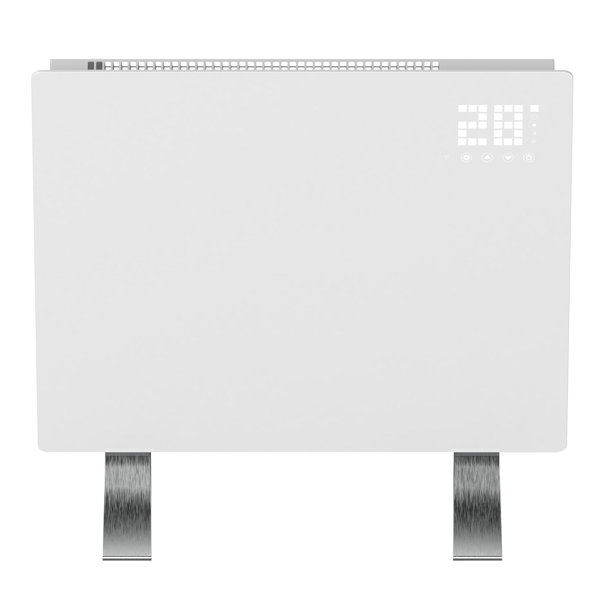 Smart Radiator 1000 W fladpanel elradiator med digitalt display 20°C, touchknapper, to metalben og Wi-Fi.
