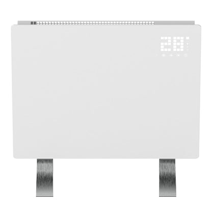 Smart Radiator 1000 W fladpanel elradiator med digitalt display 20°C, touchknapper, to metalben og Wi-Fi.