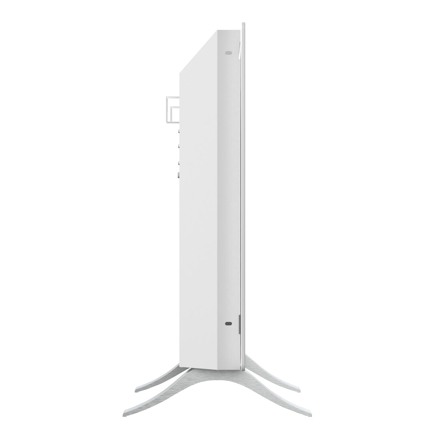 Cleverio Smart Radiator 1000 W hvid, slankt design, synlige porte, buet sølvstander.