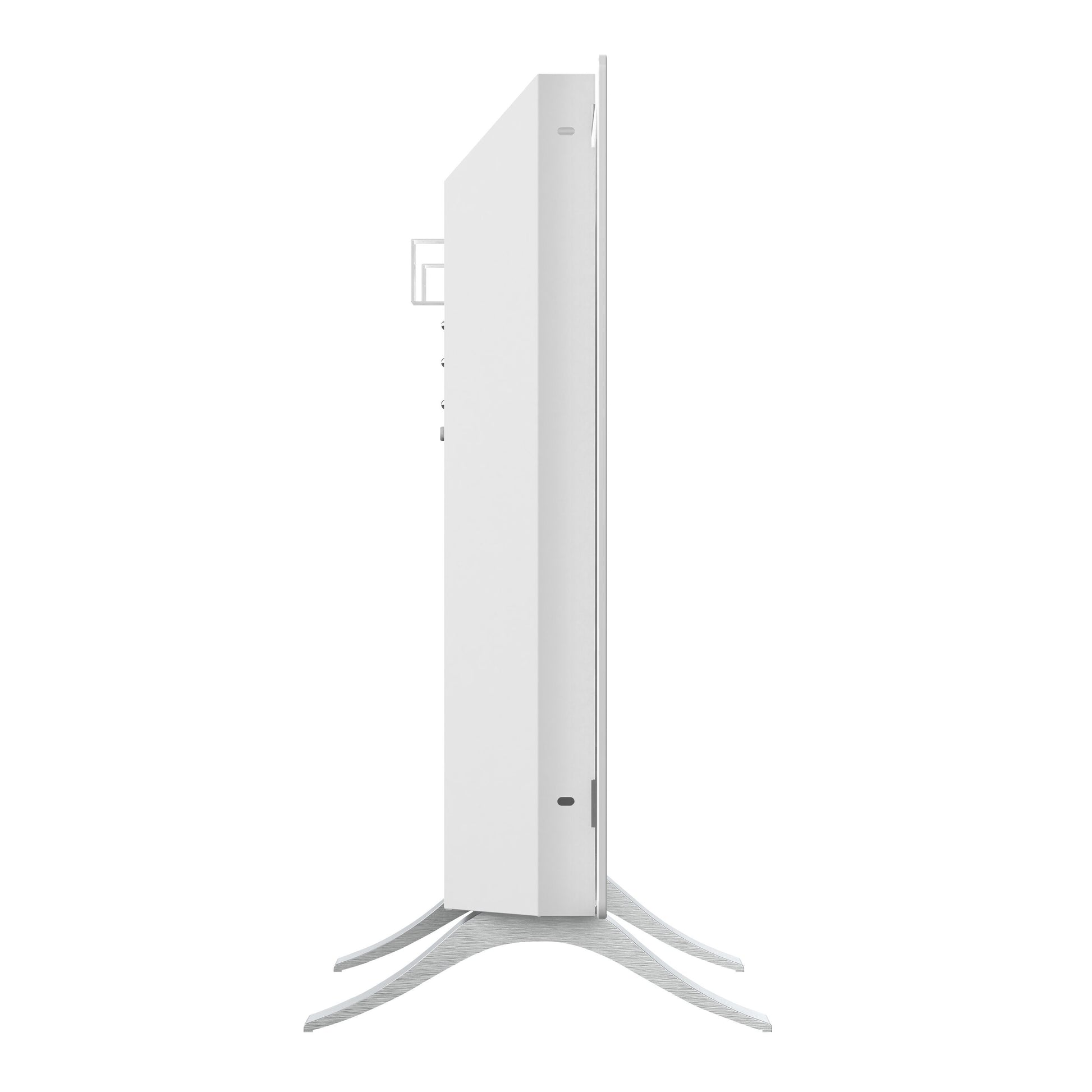 Cleverio Smart Radiator 1000 W hvid, slankt design, synlige porte, buet sølvstander.