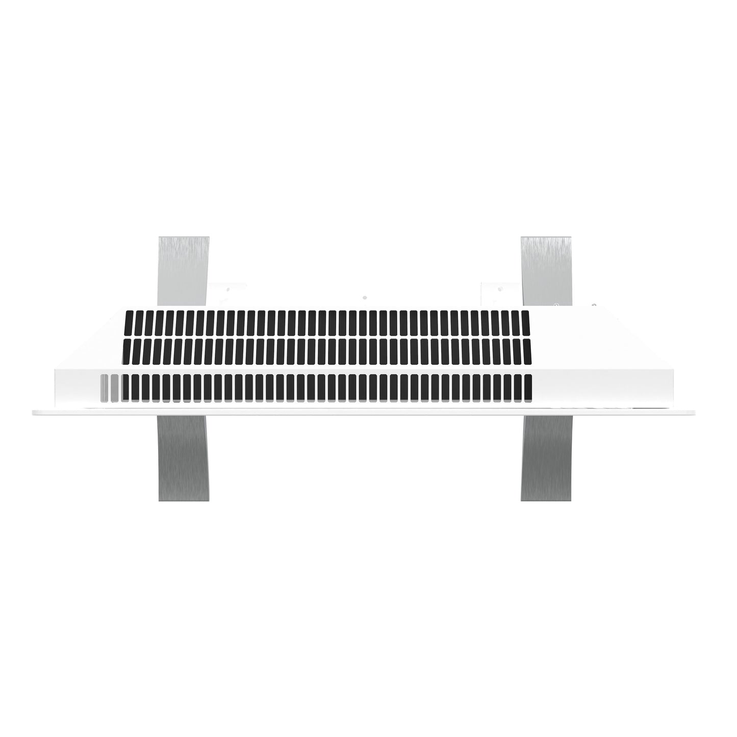 Rektangulært hvidt luftgitter med sorte lameller, set forfra, vægmonteret med fire metalbeslag til Cleverio Smart Radiator 1000 W.