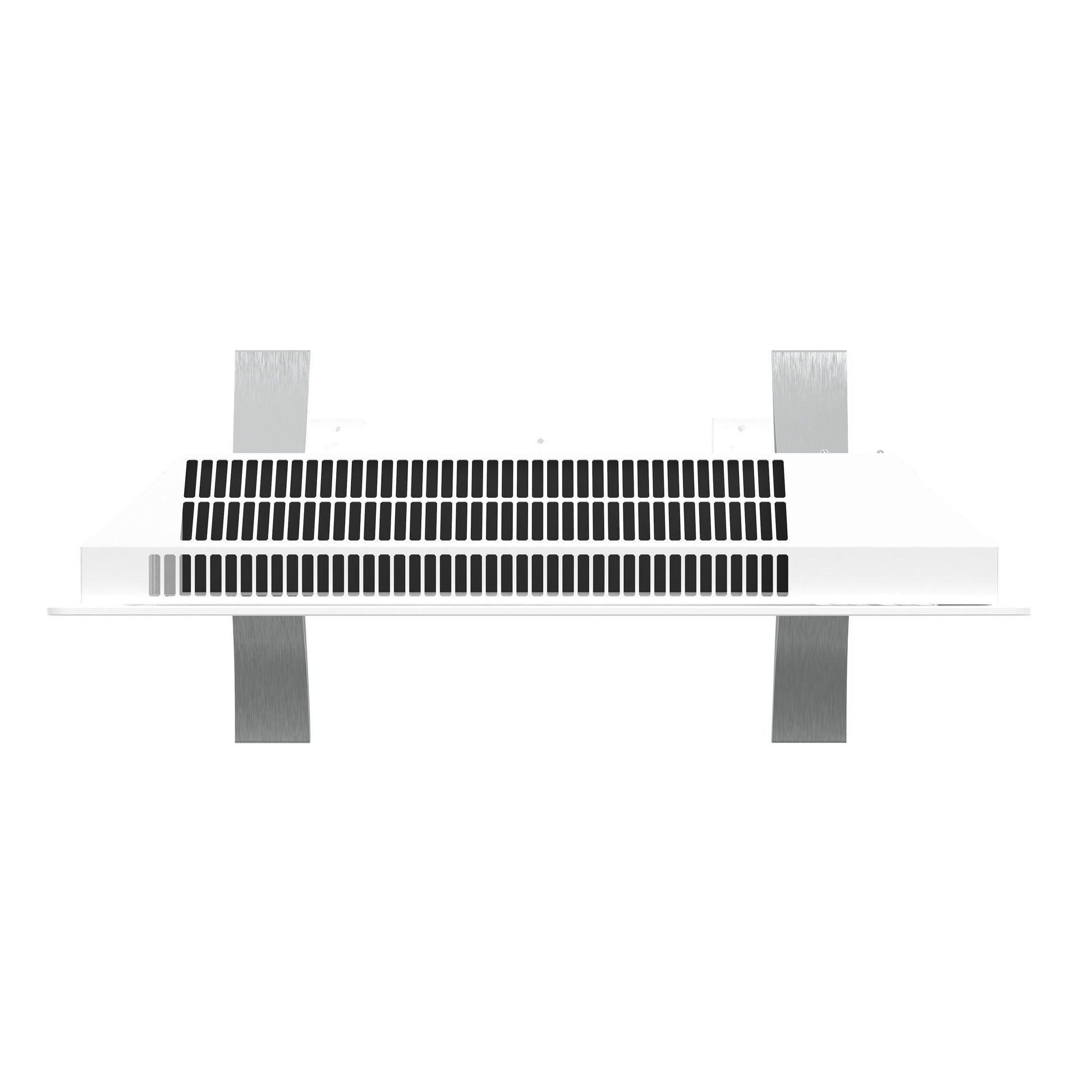 Rektangulært hvidt luftgitter med sorte lameller, set forfra, vægmonteret med fire metalbeslag til Cleverio Smart Radiator 1000 W.