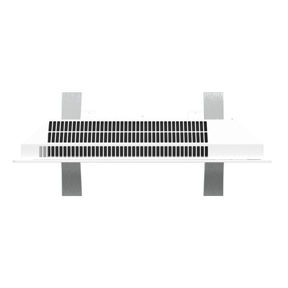 Rektangulært hvidt luftgitter med sorte lameller, set forfra, vægmonteret med fire metalbeslag til Cleverio Smart Radiator 1000 W.