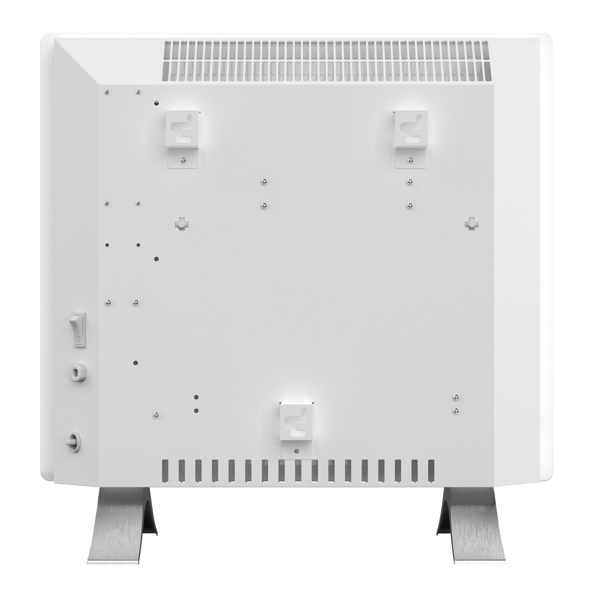 Cleverio Smart Radiator 1000 W, bagfra med metalben, vægbeslag, ventilationsriller, venstre betjeningsknapper, synlige skruer/huller.