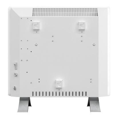 Cleverio Smart Radiator 1000 W, bagfra med metalben, vægbeslag, ventilationsriller, venstre betjeningsknapper, synlige skruer/huller.
