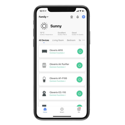 Cleverio Smart Radiator 1000 W Wi-Fi radiatorkontrol vist i smart home app på smartphone med tilsluttede enheder.