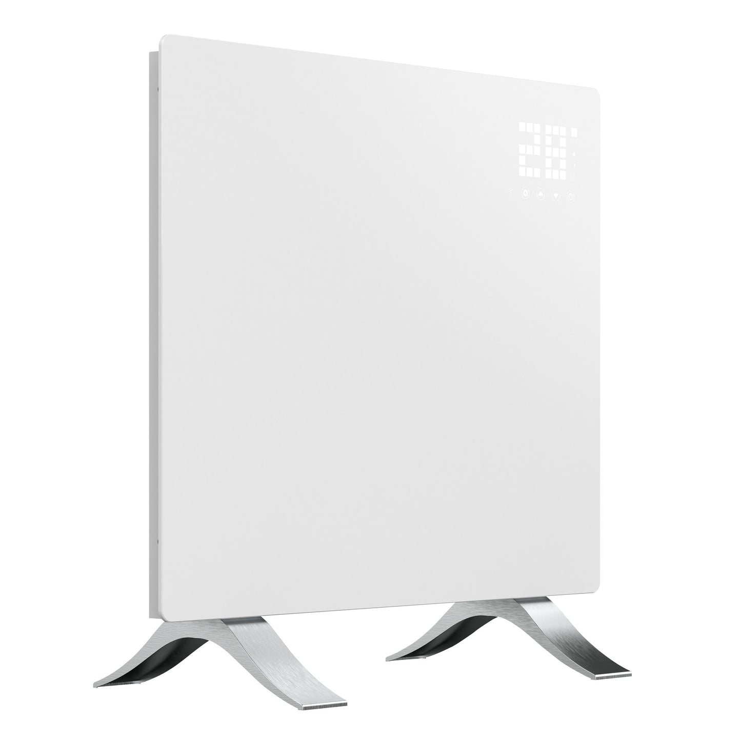 Cleverio Smart Radiator 1000W hvid, digitalt display viser 21°C, børstet metalbase, elektrisk opvarmning.