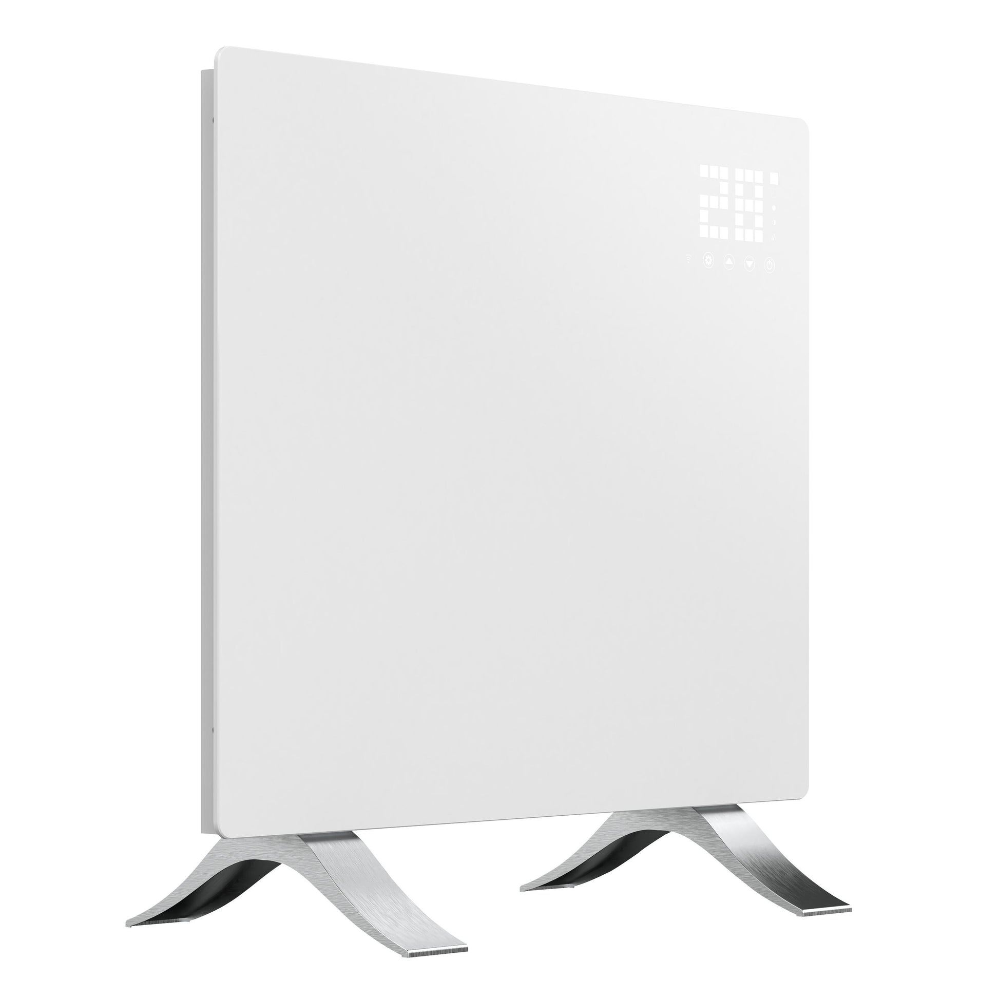 Cleverio Smart Radiator 1000W hvid, digitalt display viser 21°C, børstet metalbase, elektrisk opvarmning.