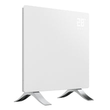 Cleverio Smart Radiator 1000W hvid, digitalt display viser 21°C, børstet metalbase, elektrisk opvarmning.