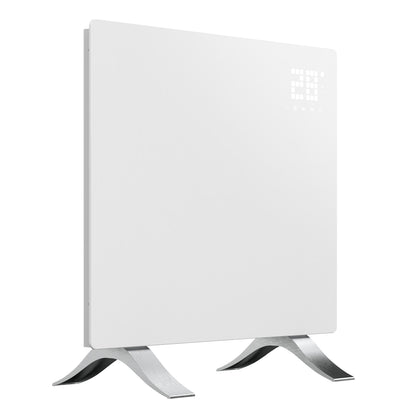 Cleverio Smart Radiator 1000W hvid, digitalt display viser 21°C, børstet metalbase, elektrisk opvarmning.