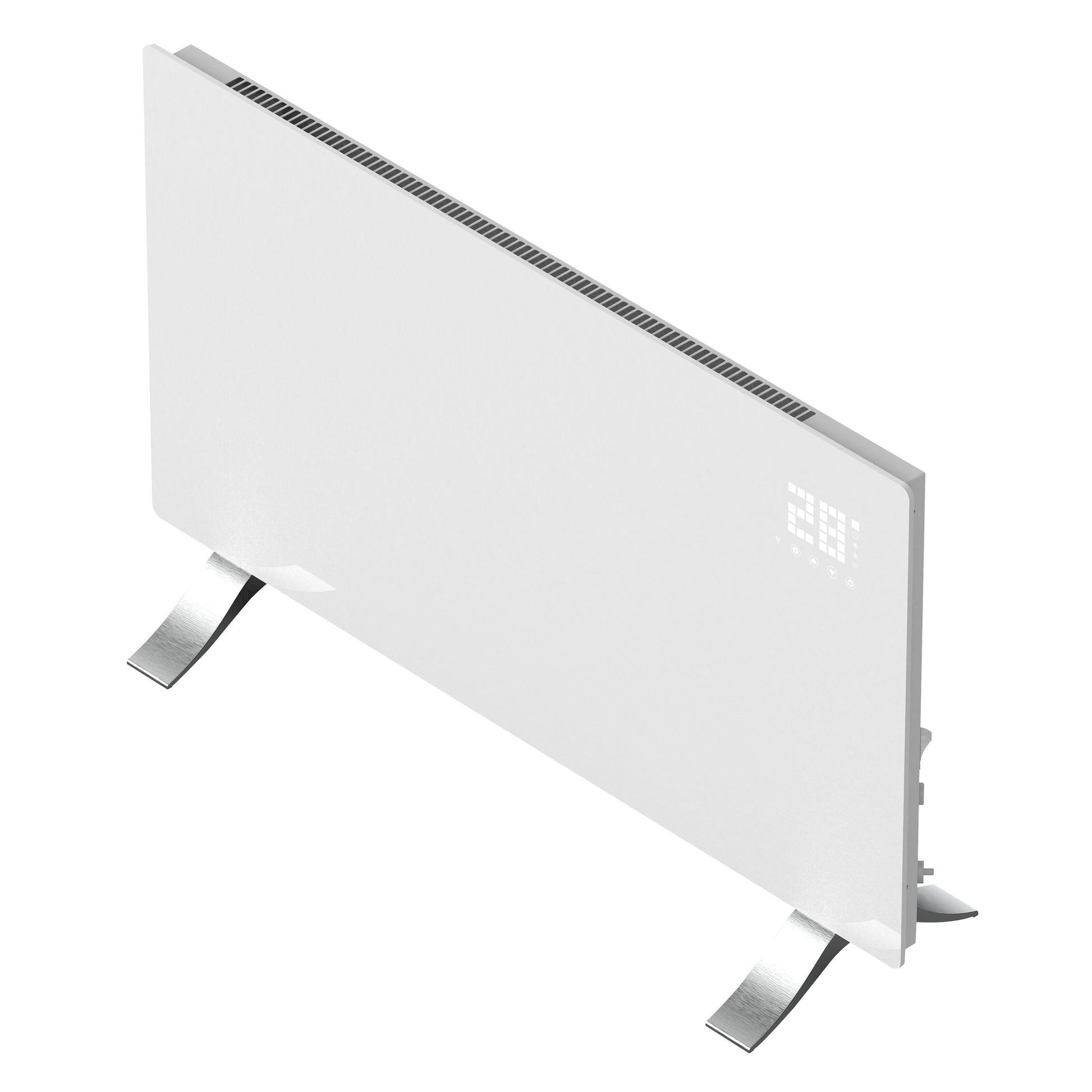 Smart Radiator 2000W hvid fritstående elradiator, slankt rektangulært design, digitalt display, topgitter, wifi, sølvben.