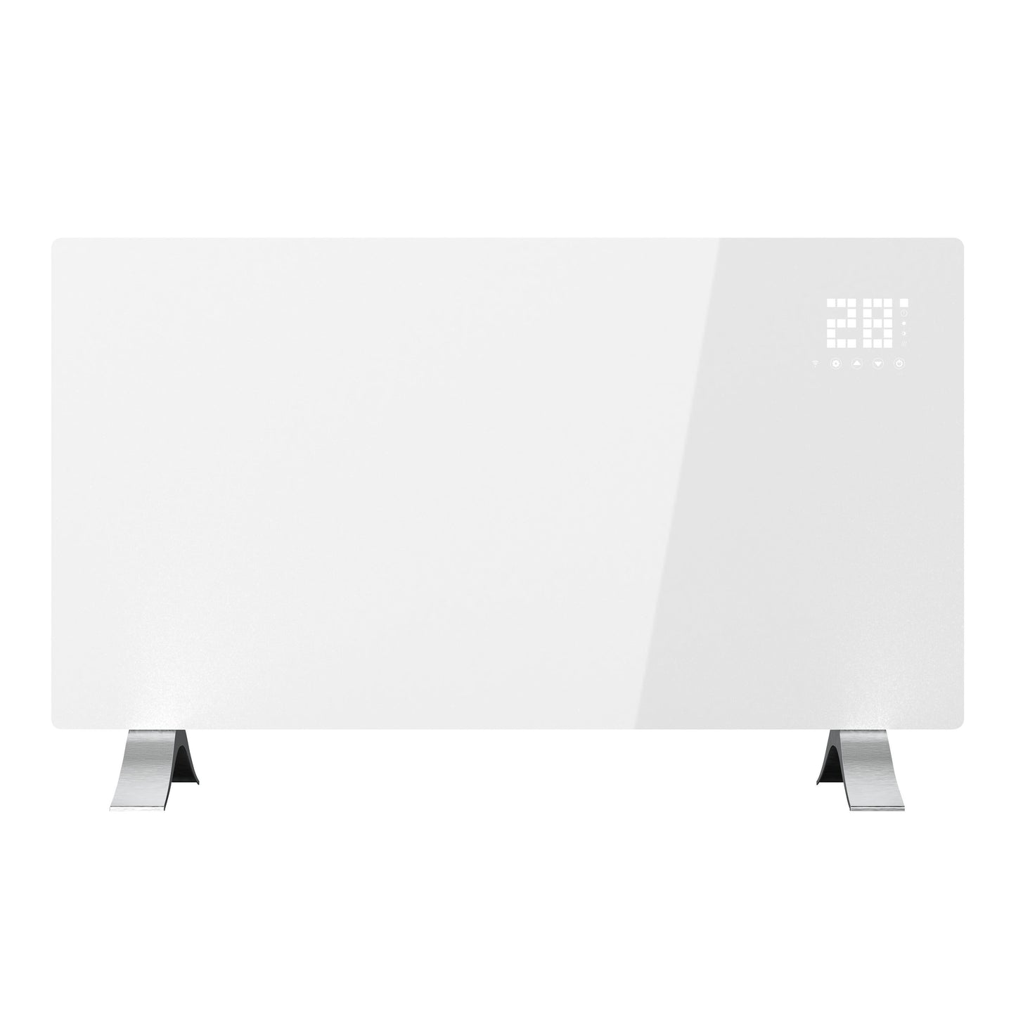 Cleverio Smart Radiator 2000W hvid med digitalt display i øverste højre hjørne og til sølvfarvede metalfødder.