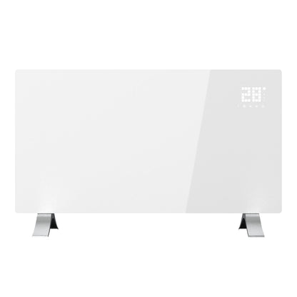 Cleverio Smart Radiator 2000W hvid med digitalt display i øverste højre hjørne og til sølvfarvede metalfødder.