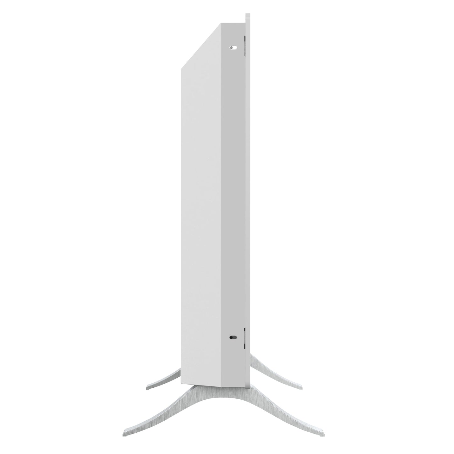 Cleverio Smart Radiator 2000 W, hvid slank ramme, elektrisk varmeelement, kurvet sølvfod, set fra siden.