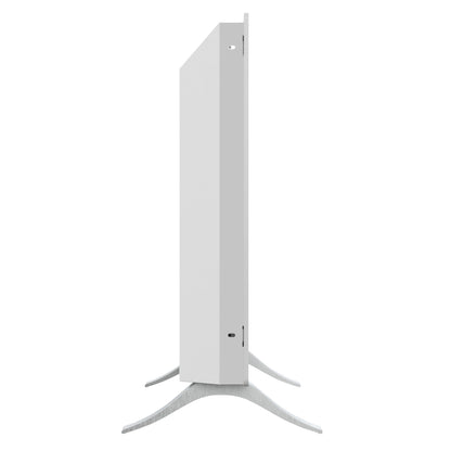 Cleverio Smart Radiator 2000 W, hvid slank ramme, elektrisk varmeelement, kurvet sølvfod, set fra siden.