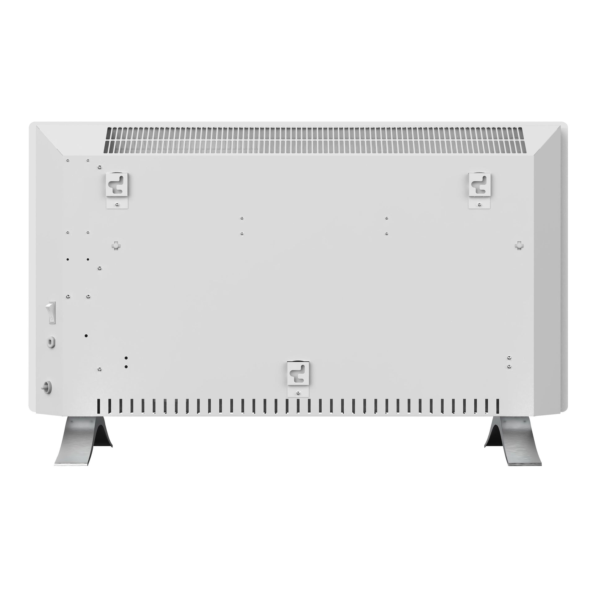 Cleverio Smart Radiator 2000 W hvid, rektangulær, metalben, ventilationsåbninger top/bund, vægbeslag bagpå.