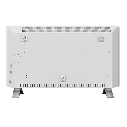 Cleverio Smart Radiator 2000 W hvid, rektangulær, metalben, ventilationsåbninger top/bund, vægbeslag bagpå.