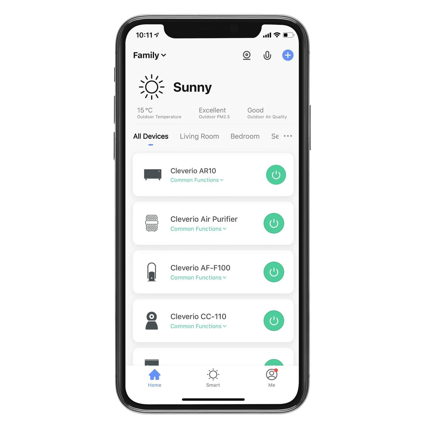Cleverio Smart Radiator 2000W vises som styrbar enhed i smart home app med vejr, temperatur 15°C og tilkoblede enheder.