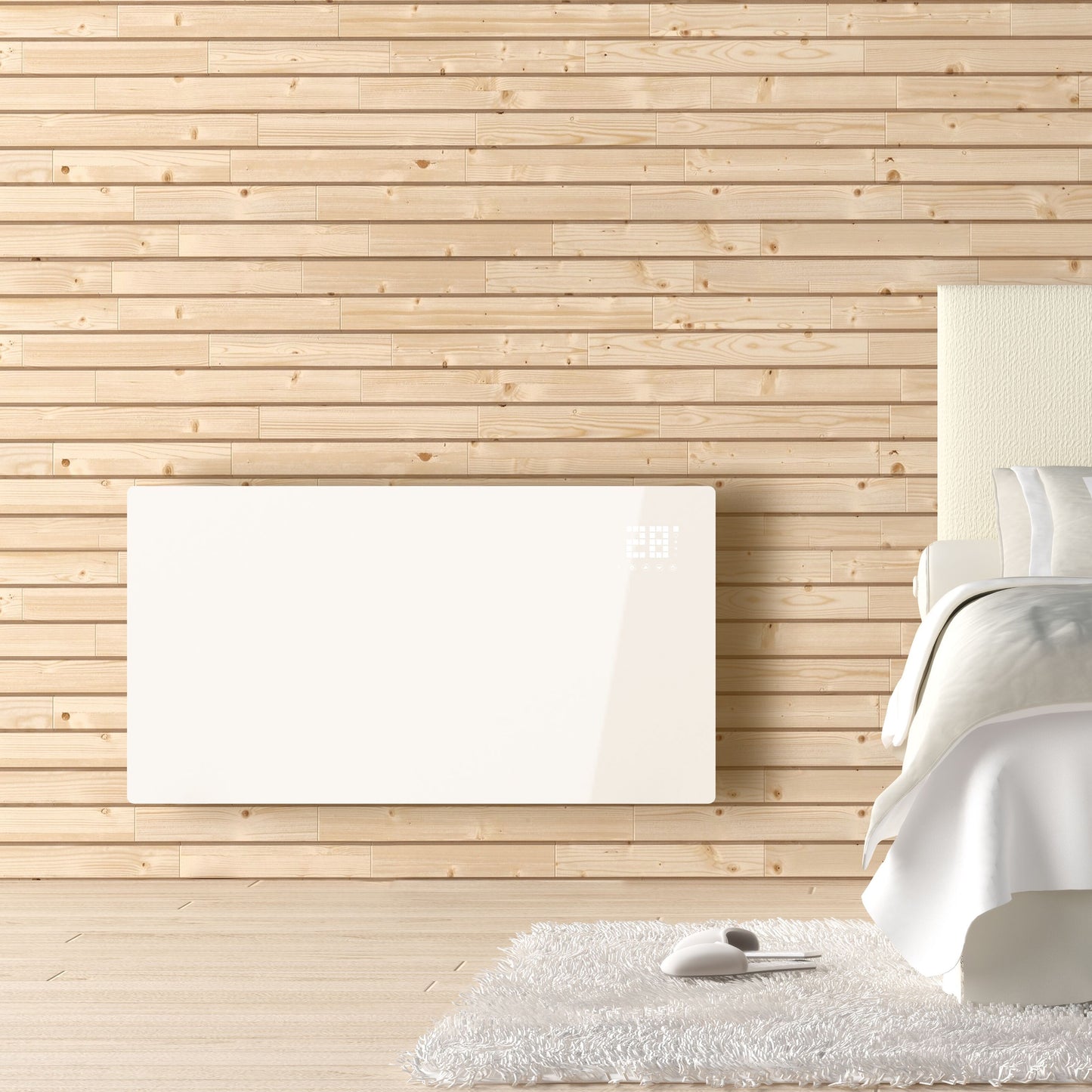 Cleverio Smart Radiator 2000W monteret ved lys trævæg, hvid seng og hvidt tæppe med lille bakke og kop.