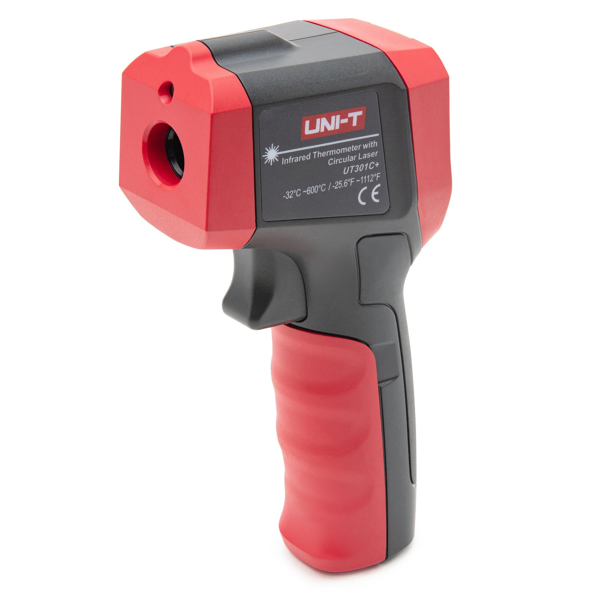 Uni-T UT301C+ IR-termometer håndholdt, rød og sort, udløsergreb, topdisplay til kontaktfri temperaturmåling.
