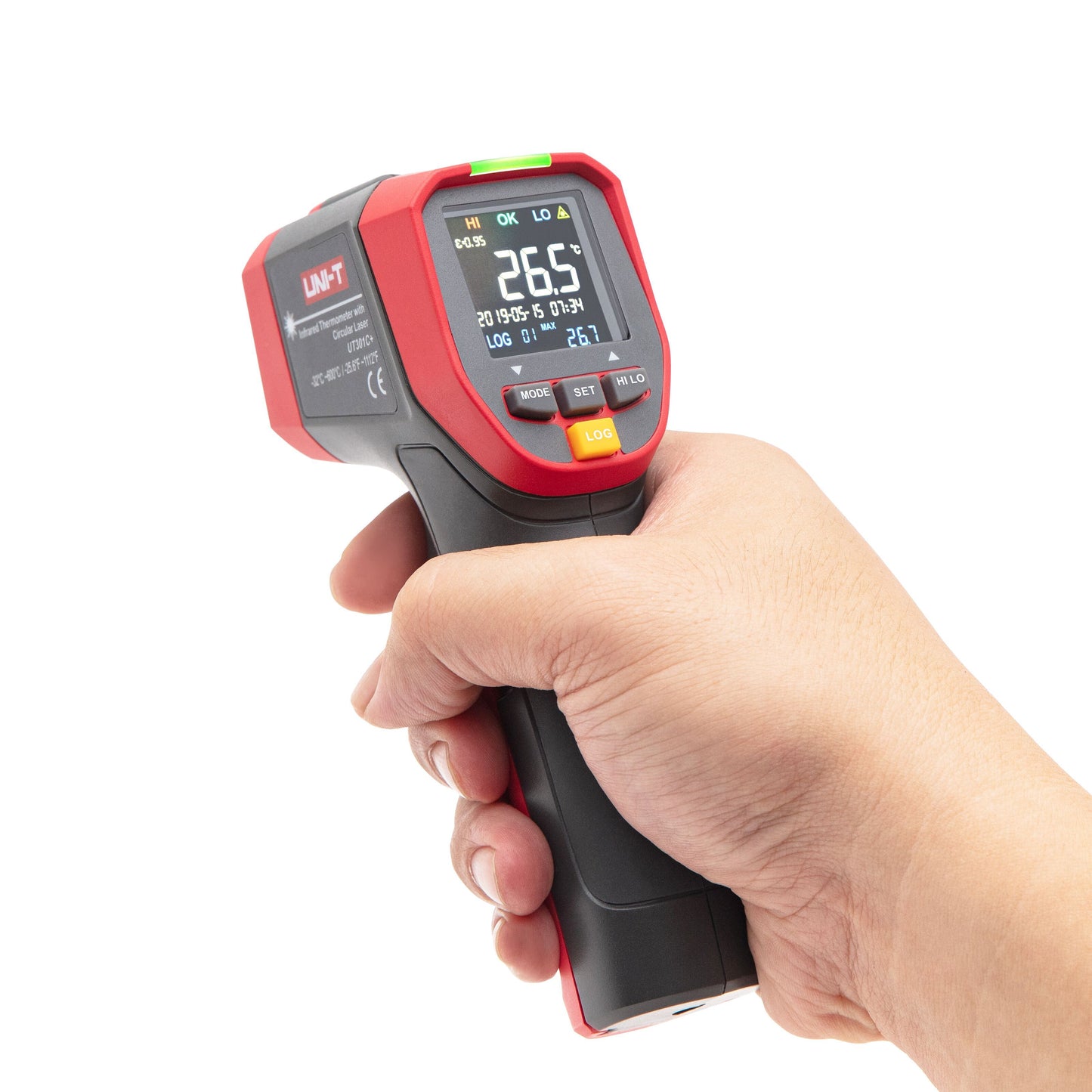 Uni-T UT301C+ IR-termometer, display viser 26,5°C, holdes i hånd, kontaktfri måling.