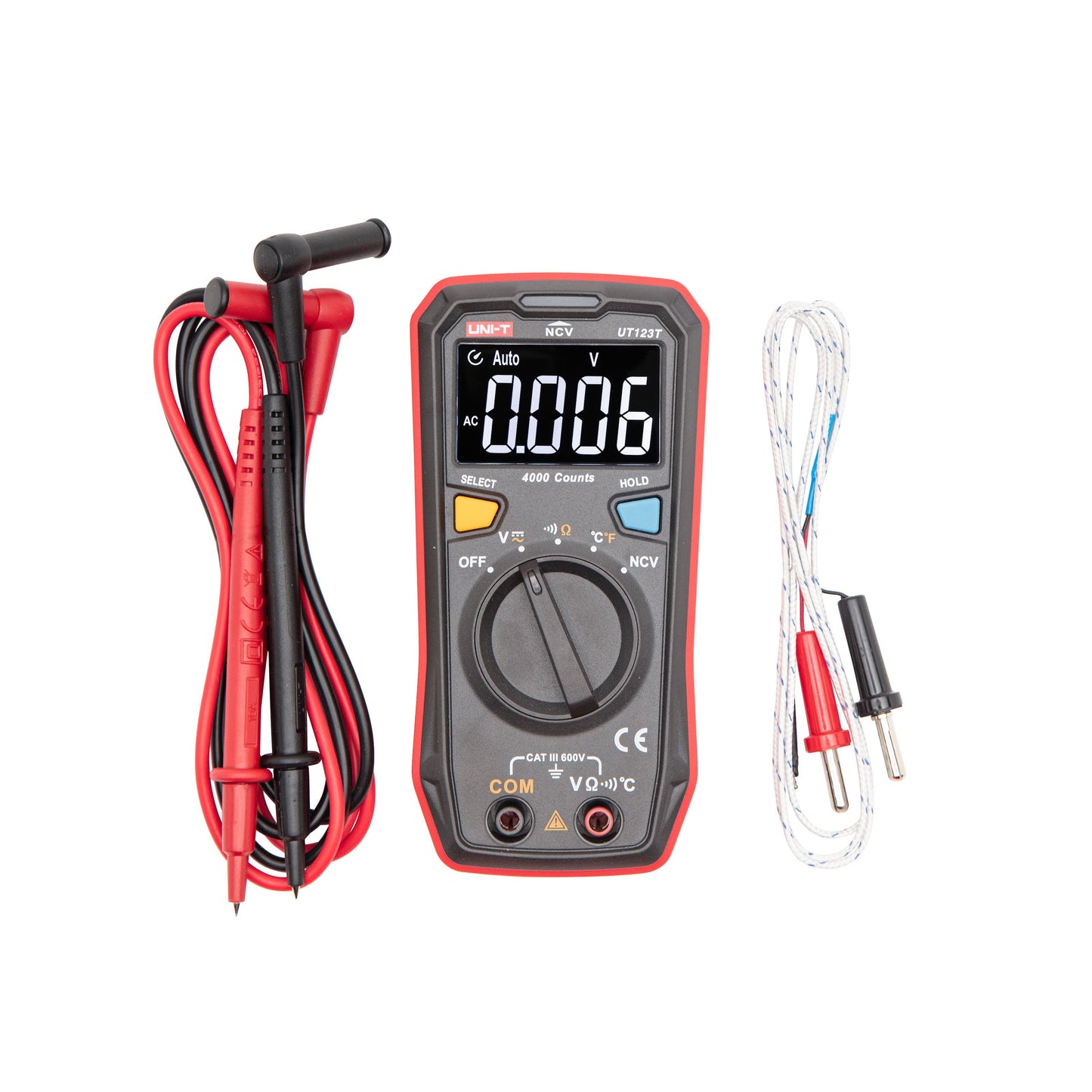 Uni-T UT123C digitalt multimeter med LCD-display, roterende knap, SELECT/HOLD knapper, 4000 tællinger og True RMS.