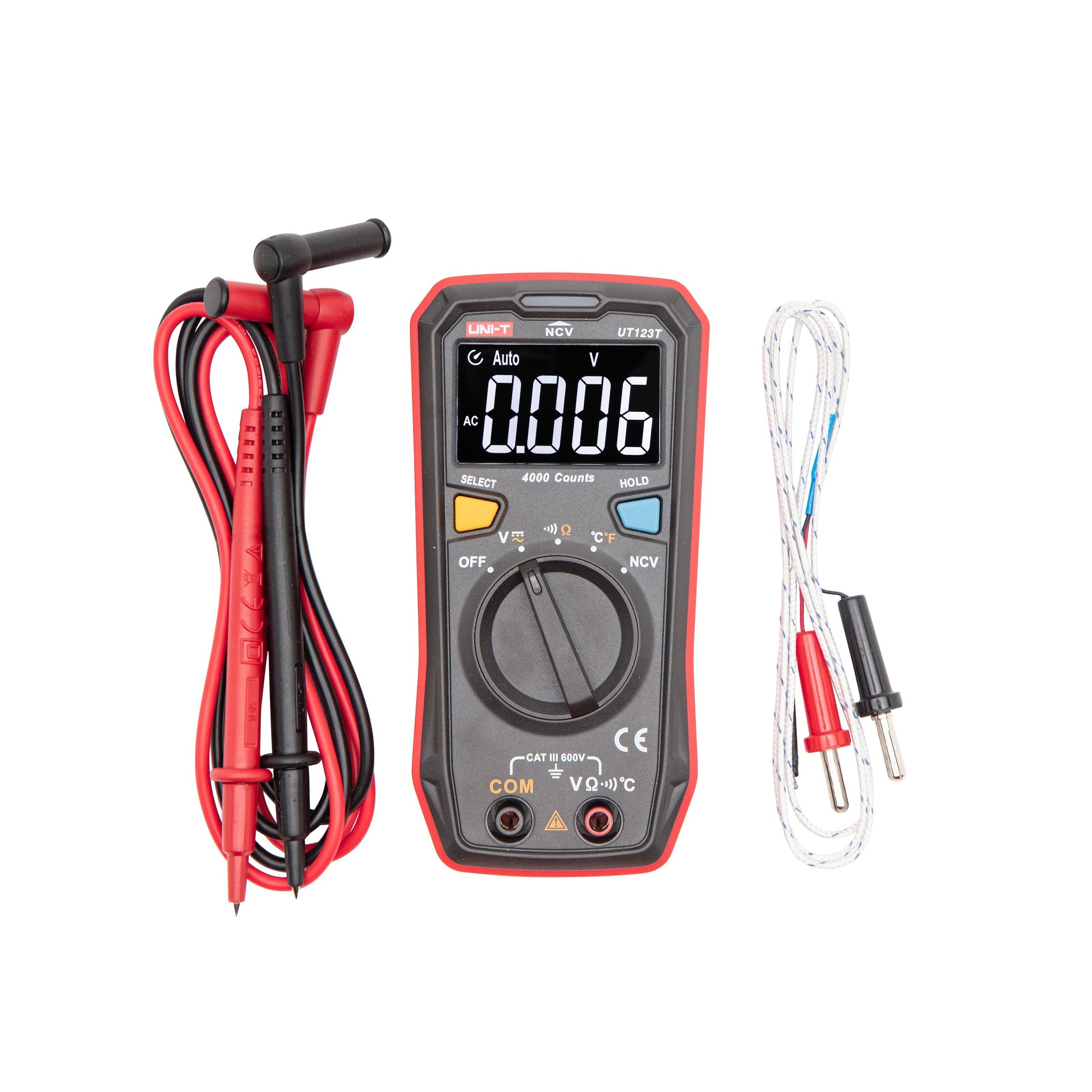 Uni-T UT123C digitalt multimeter med LCD-display, roterende knap, SELECT/HOLD knapper, 4000 tællinger og True RMS.