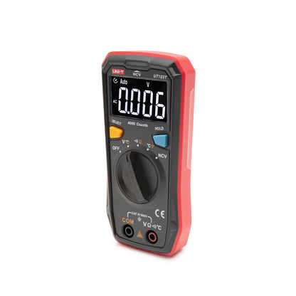 Uni-T UT123C multimeter True RMS rød/sort kabinet, display viser 0,006, drejeknap, flere knapper og port i bunden.