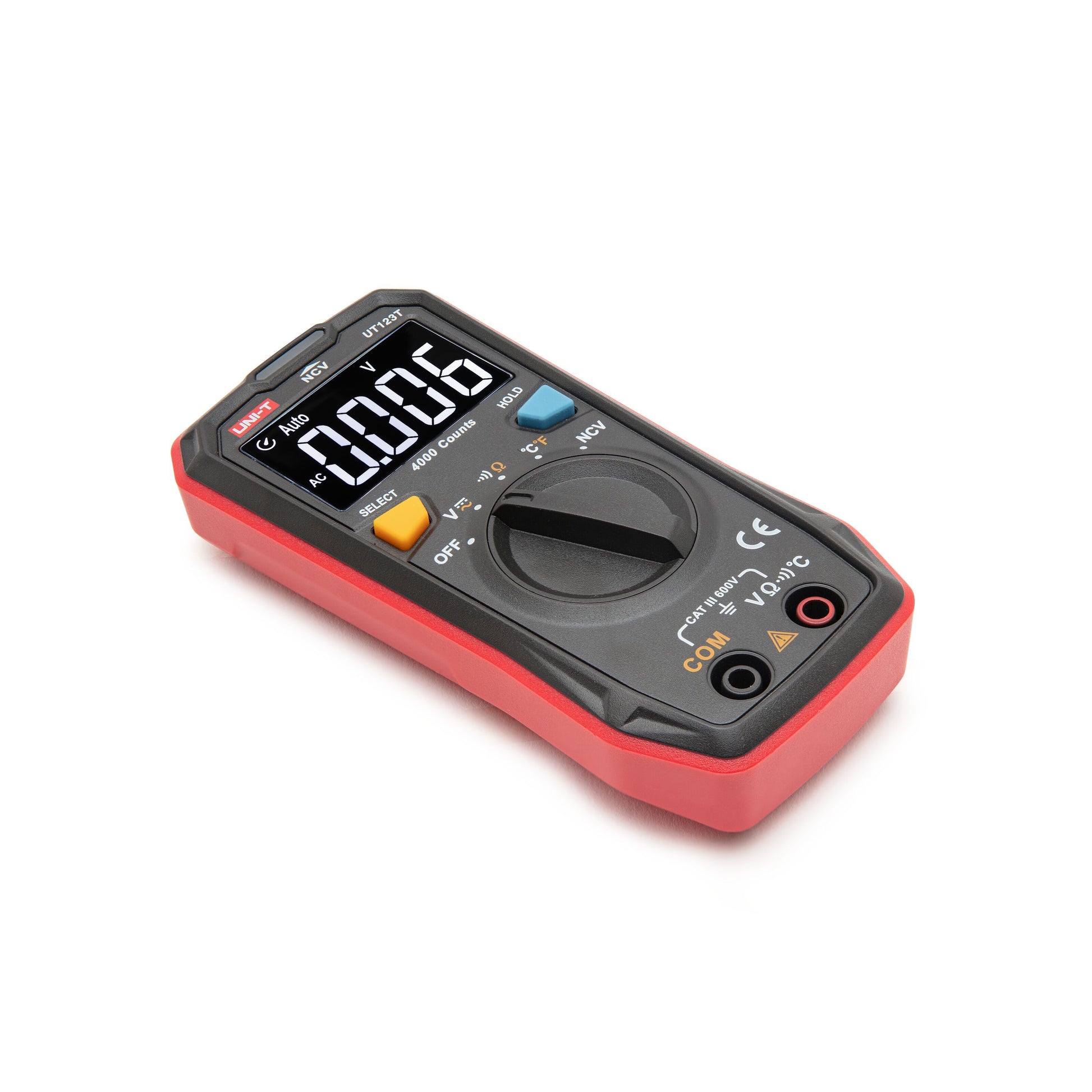 Uni-T UT123C multimeter, sort/rød, stort 0,0006 display, True RMS, roterende vælger og input-porte til måling.
