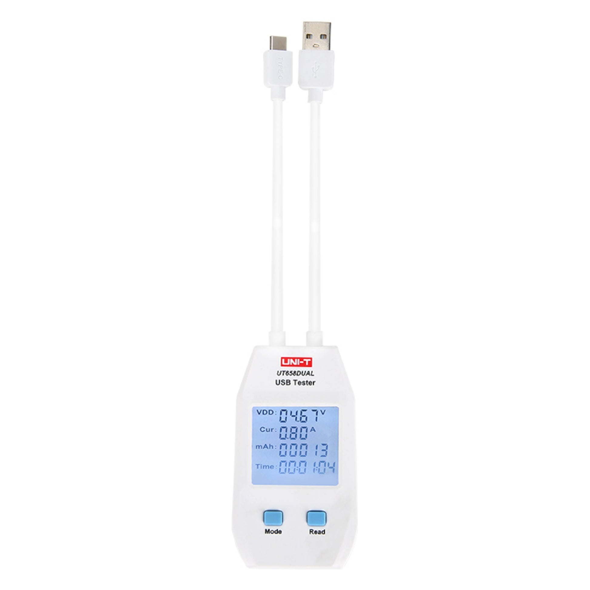 Uni-T UT658D USB-tester med display for volt, strøm, kapacitet og tid samt USB-A/USB-C kabler, Mode og Reset knapper.