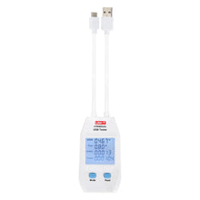 Uni-T UT658D USB-tester med display for volt, strøm, kapacitet og tid samt USB-A/USB-C kabler, Mode og Reset knapper.