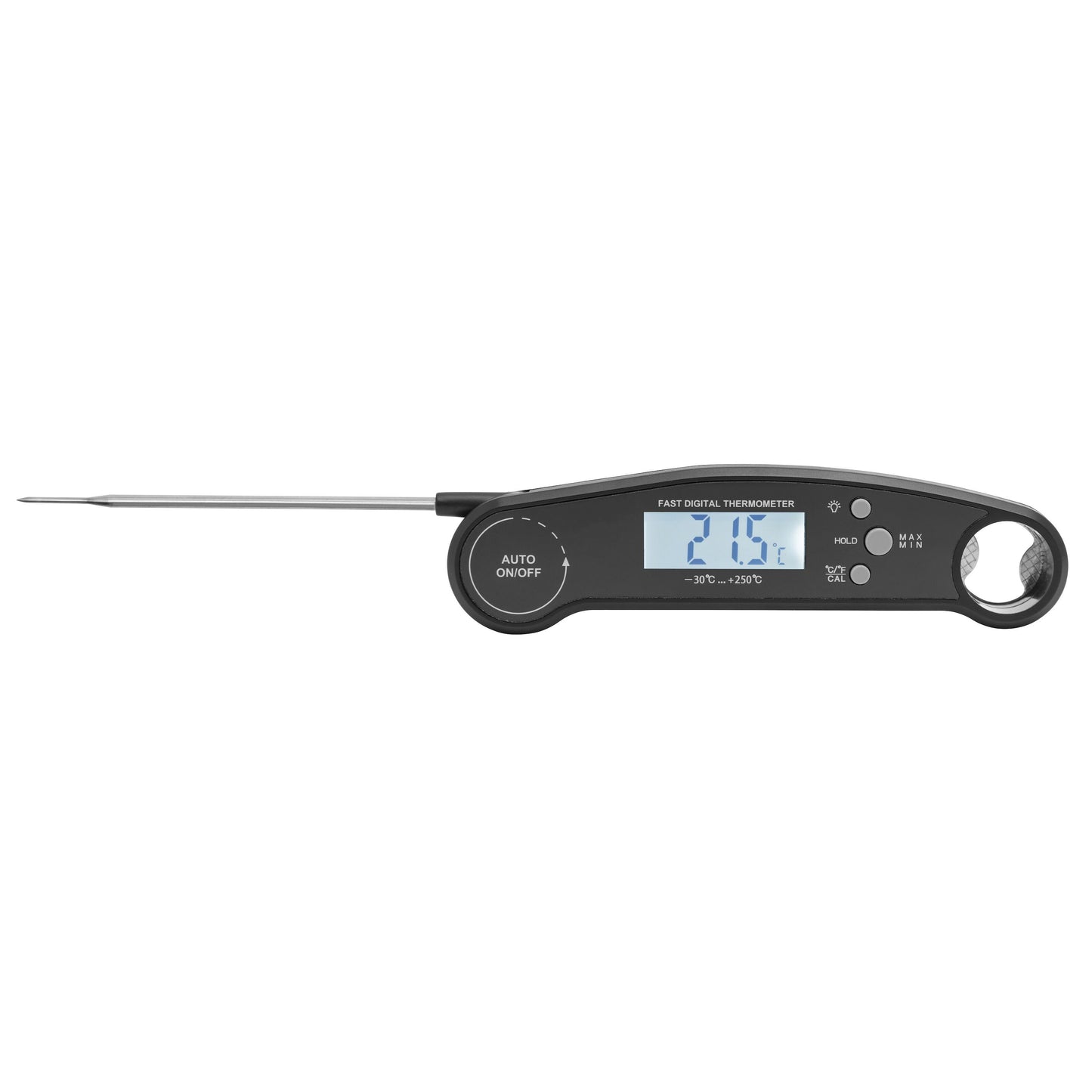 Rubicson Hurtig køkkentermometer IPX5 sort digital, metalprobe, LCD viser 71,5°C, strøm-/modeknapper og ophængshul.