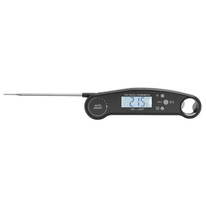 Rubicson Hurtig køkkentermometer IPX5 sort digital, metalprobe, LCD viser 71,5°C, strøm-/modeknapper og ophængshul.