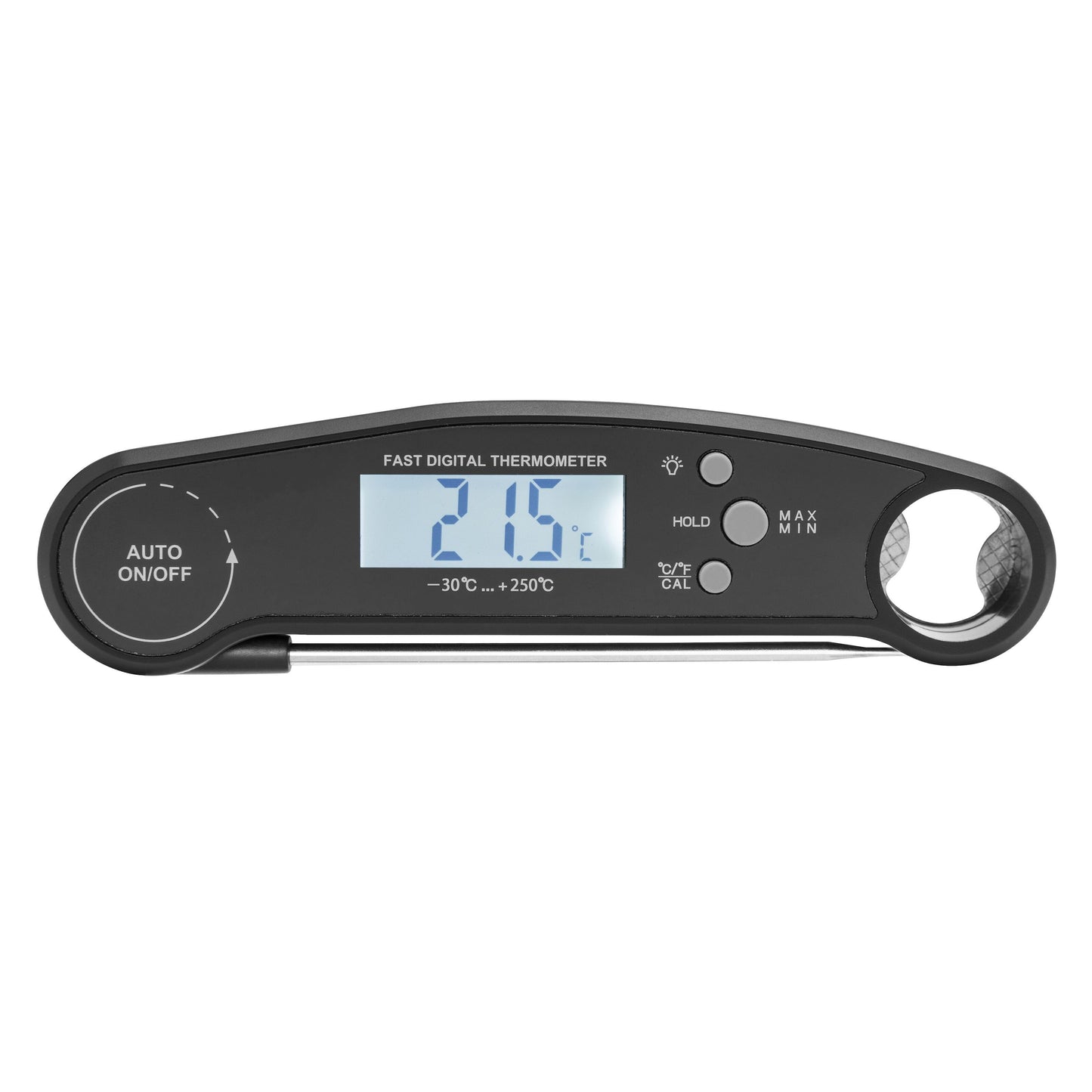 Digitalt køkkentermometer IPX5 med foldbar metalprobe, baggrundsbelyst LCD (21,9°C) og on/off, hold, kalibrering, max/min knapper.
