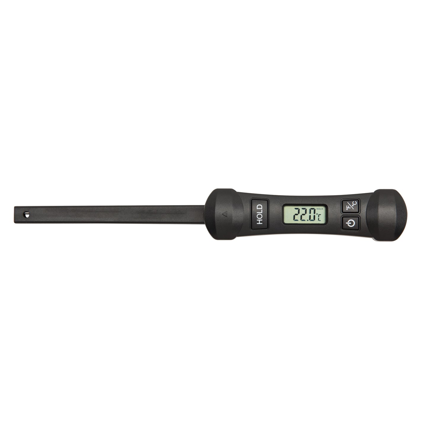 Rubicson digitalt foldbart køkkentermometer med sort håndtag, lang sammenfoldelig probe, display viser 22,0°C.