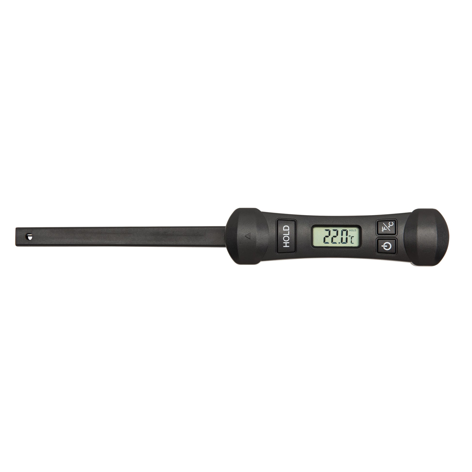 Rubicson digitalt foldbart køkkentermometer med sort håndtag, lang sammenfoldelig probe, display viser 22,0°C.