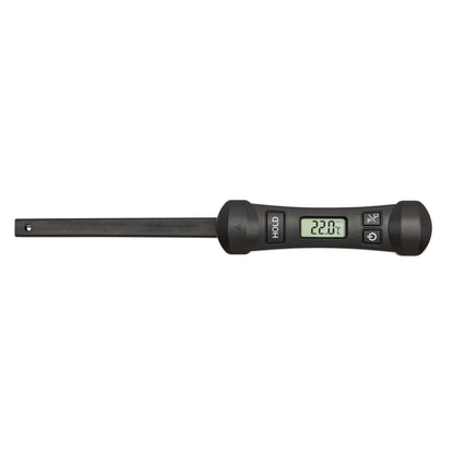 Rubicson digitalt foldbart køkkentermometer med sort håndtag, lang sammenfoldelig probe, display viser 22,0°C.